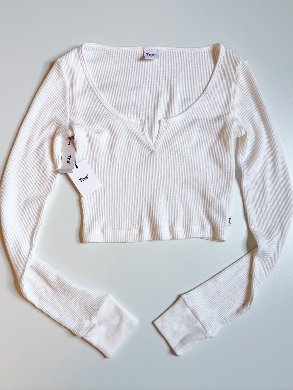 TNA White Waffle-Knit Long Sleeve Crop Top